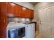 Convenient laundry room with modern washer and dryer, storage cabinets, and a sink at 8199 Pinnacle Peak Ave, Las Vegas, NV 89113
