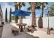 Backyard featuring concrete patio with palm trees, landscaping, and stone bench seating at 1116 Piazza Telle, Henderson, NV 89052