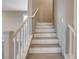 Well-lit staircase with modern white railings and wooden steps at 139 Fulgora St, Henderson, NV 89074