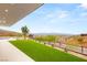 Green backyard with a pool, desert landscaping, and panoramic views of the surrounding landscape at 3 Horseshoe Rock Ct, Henderson, NV 89012
