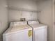 Convenient laundry room featuring a washer, dryer, and wire shelving for storage at 632 Twilight Blue Ave, North Las Vegas, NV 89032