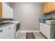 Laundry room with washer, dryer, and storage cabinets offers functionality and organization at 695 Orbiter Ln, Las Vegas, NV 89148