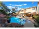 Beautiful pool and patio area with lush landscaping creates an ideal outdoor retreat at 695 Orbiter Ln, Las Vegas, NV 89148