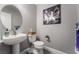 Clean powder room with a pedestal sink and modern decor at 695 Orbiter Ln, Las Vegas, NV 89148