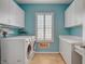 Bright laundry room with updated washer and dryer, white cabinets, and a window at 7204 Royal Melbourne Dr, Las Vegas, NV 89131