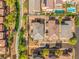 Aerial view of the property, showing the layout of the house, landscaping, and surrounding neighborhood at 7931 Campers Village Ave, Las Vegas, NV 89178
