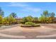 Neighborhood street view with a decorative traffic circle and lush desert landscaping on a sunny day at 7931 Campers Village Ave, Las Vegas, NV 89178