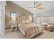 Spacious main bedroom featuring neutral tones, vaulted ceilings and a fan at 9540 Eagle Valley Dr, Las Vegas, NV 89134