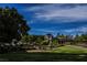 Beautifully landscaped entrance to a community with a green lawn and mature trees on a sunny day at 3004 Canton Hills St, Henderson, NV 89052