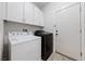 This laundry room features white cabinets, a washer, and a dryer adjacent to an exterior door at 51 La Fiesta St, Henderson, NV 89012