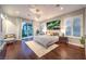 Relaxing bedroom with a decorative chandelier, hardwood floors, and sliding glass doors at 62 Grand Masters Dr, Las Vegas, NV 89141