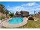 Backyard view with beautiful pool, picnic table, and well-maintained lawn, perfect for relaxation and outdoor gatherings at 7604 Charles Conrad Cir, Las Vegas, NV 89145