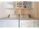 Convenient laundry area with white front load washer and dryer and upper storage shelves at 2877 Paradise Rd # 1806, Las Vegas, NV 89109