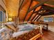 Bedroom featuring wood-paneled walls, hardwood floors, and a cozy double bed with mountain-themed bedding at 660 E Aspen Meadow Dr, Mammoth Creek, UT 84735