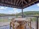 Charming outdoor area featuring rustic furniture, mountain views, and a custom barrel table set at 660 E Aspen Meadow Dr, Mammoth Creek, UT 84735