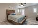 Comfortable bedroom featuring a ceiling fan, plush bedding and decor and a private exterior door at 9100 Balcony Trellis Ave, Las Vegas, NV 89149