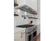 Modern kitchen features a stainless steel stove, range hood, floating shelves, and white countertops at 940 Viscanio Pl, Las Vegas, NV 89138