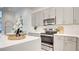 Modern kitchen with gray cabinets, stainless steel appliances, and quartz countertops at 1157 Blossom Point St, Las Vegas, NV 89135