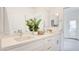 Well-lit bathroom with double sinks, white cabinets, and a decorative plant at 1187 Blossom Point St # 36, Las Vegas, NV 89135
