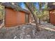 The exterior of a log cabin with a rocky landscape and mature trees at 2160 Via Vita St, Mount Charleston, NV 89124