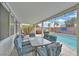 Covered patio features an outdoor dining area overlooking the pool and landscaped backyard with a patriotic theme at 2011 Mountain Sunset Ave, North Las Vegas, NV 89031
