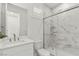 Bathroom featuring a glass shower, and single vanity with white cabinets at 484 Windstone Crest Ave, Las Vegas, NV 89138