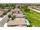 Aerial shot of a well-kept neighborhood with lush landscaping and swimming pools, near a golf course at 5260 Acqua Ln, Pahrump, NV 89061