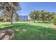 Well-maintained grounds featuring a sprawling green lawn, mature trees, and a distant high-rise building at 590 Tam O Shanter, Las Vegas, NV 89109