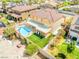 Aerial view of the backyard of a home with a pool, patio, green grass, and patio set at 885 Violet Hill St, Las Vegas, NV 89110