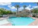 Community pool surrounded by lush landscaping and tall palm trees under a blue sky at 10001 Peace Way # 1341, Las Vegas, NV 89147