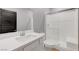Modern bathroom with a white vanity, glass-enclosed shower, and gray walls at 3495 Luca Point Ave, Henderson, NV 89044