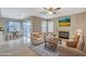 Cozy living room with a fireplace, comfortable seating, and access to the backyard at 1800 Summit Pointe Dr, Las Vegas, NV 89117