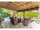 Inviting outdoor living space with covered patio, comfortable seating, and lush, manicured landscaping at 2017 Plaza De Cielo, Las Vegas, NV 89102