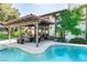 Backyard with a covered patio, outdoor seating, and a private pool for relaxation and entertainment at 2017 Plaza De Cielo, Las Vegas, NV 89102