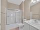 This bathroom features a shower/tub combo and a standard vanity at 2525 Willow Wren Dr, North Las Vegas, NV 89084