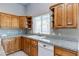 Kitchen with wood cabinets, granite countertops and double basin sink at 3684 Mooncrest Cir, Las Vegas, NV 89129