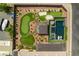 An aerial perspective of backyard amenities including pool, green and desert landscaping at 5120 Lone View Pl, Las Vegas, NV 89149