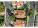 Birds eye view of a home with a red tile roof, surrounded by mature trees, a lawn, and a sparkling pool at 8221 Crow Valley Ln, Las Vegas, NV 89113