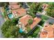 Aerial shot of a two-story house with a red tile roof, a pool, and a putting green in a beautiful community at 8221 Crow Valley Ln, Las Vegas, NV 89113