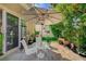 Private outdoor patio area with elegant seating, lush greenery, and stone pavers at 8221 Crow Valley Ln, Las Vegas, NV 89113