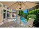 Secluded backyard pool with umbrella shaded seating area, ideal for relaxation at 8221 Crow Valley Ln, Las Vegas, NV 89113