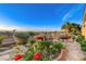 Landscaped backyard with mature rose bushes, flowering plants, and panoramic views at 1637 Wellington Springs Ave, Henderson, NV 89052