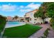 Beautiful backyard featuring a pool, turf lawn, landscaped surroundings and a covered patio at 193 Jeri Dr, Henderson, NV 89074