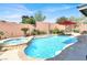 Sparkling pool and spa surrounded by lush landscaping with red umbrella and privacy wall, perfect for outdoor relaxation at 10385 Kern Ridge St, Las Vegas, NV 89178