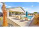 An outdoor pool, patio, and lush desert landscaping create a serene backyard retreat at 1357 Manassas Rdg Rdg, Mesquite, NV 89027