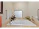 A bathroom featuring a garden tub with a block window for natural lighting and an alcove at 19 Dryden Park Ave, Las Vegas, NV 89148