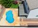 A beautiful aerial view showcasing the pool, patio, landscaping and overall backyard layout at 7857 Midnight Ride St, Las Vegas, NV 89131