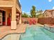 Backyard with private pool, covered patio, and brick perimeter wall at 8267 Campbell Springs Ave, Las Vegas, NV 89178