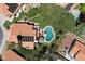 A bird's-eye view of the home's backyard, including the kidney shaped pool, lush lawn, and patio area at 9921 Heffner Hills Cir, Las Vegas, NV 89117