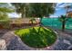 A serene backyard area offers a small, circular lawn surrounded by gravel and various trees and shrubs at 1153 Mesa Verde Run, Mesquite, NV 89027